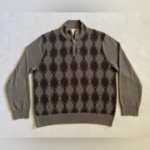 Geoffrey Beene Men’s Large 1/4 Zip Argyle Sweater Gray Black Long Sleeve